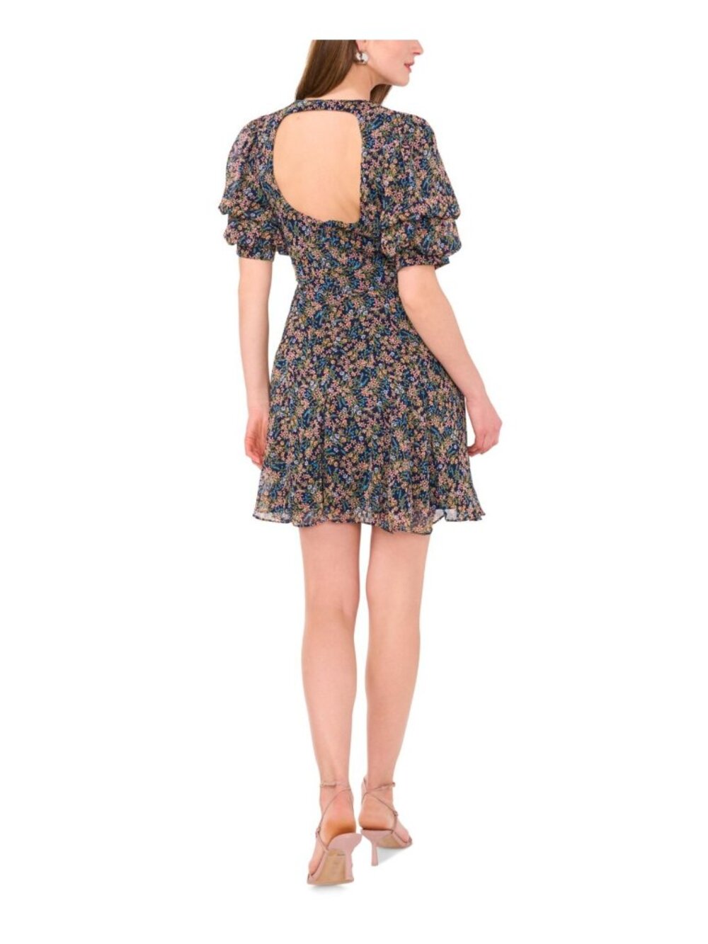 1.STATE Women's Bubble-Sleeve Back-Cutout Floral Mini Dress Navy Size XL $89 - Picture 3 of 5